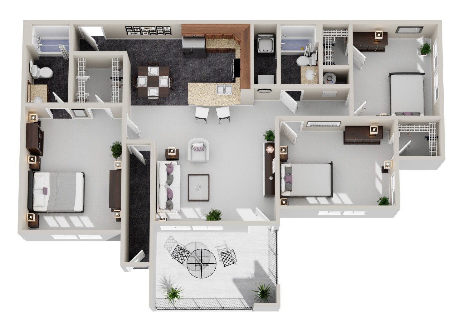 A 3D floor plan of a house with a kitchen